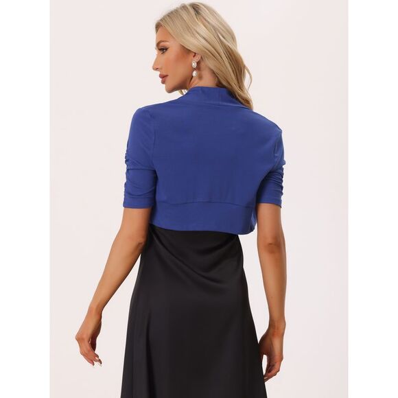 Short Sleeve Shrugs Ruched Sleeve Open Front Cropped Bolero Royal Blue - Picture 3 of 5